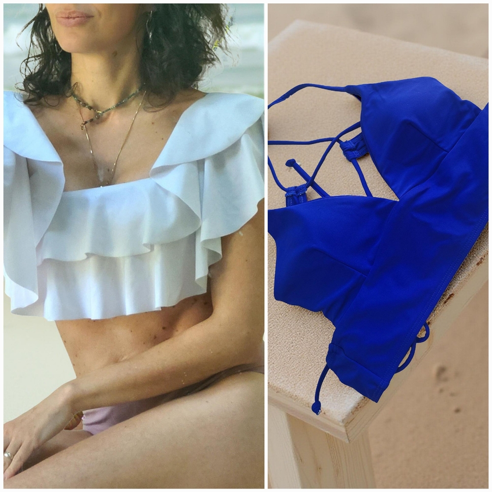 Set Of White Ruffle Bikini Top And Blue Bikini Top Size S